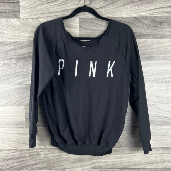 PINK Victoria's Secret Tops - PINK Sweatshirt Womens XS Black Spellout Long Sleeve Cotton Blend Cozy Pullover